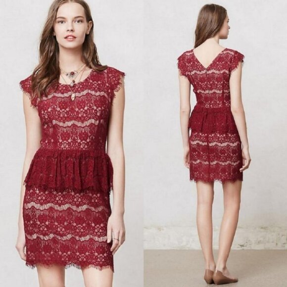 Anthropologie Burgundy Lace Mini Dress Size Medium Cocktail Romantic Bohemian M - Picture 2 of 14